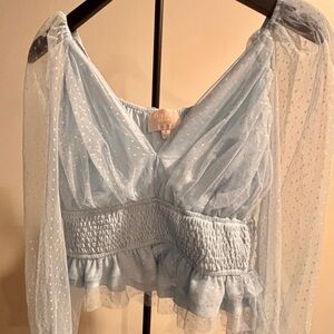 Elegant Sheer Blue Smocked Blouse